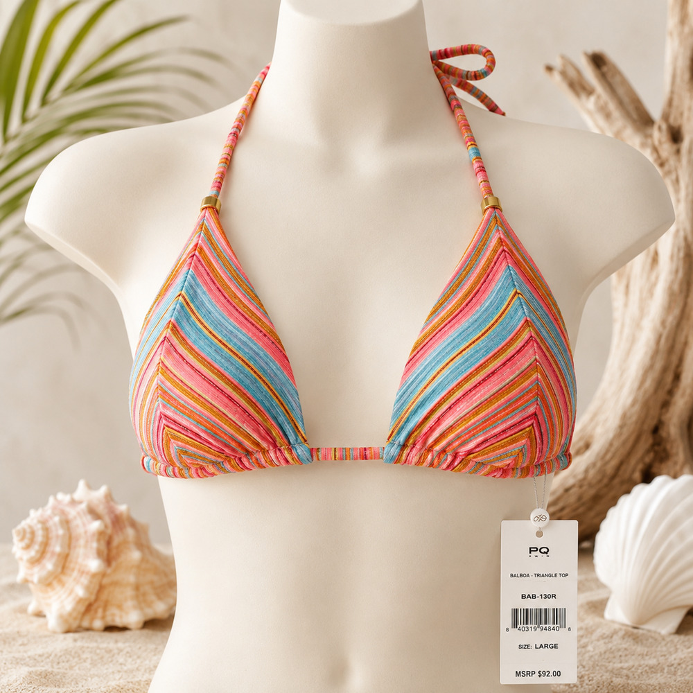 NWT PQ Swim Balboa Triangle Bikini Top Multi Stripe Metallic L $92
